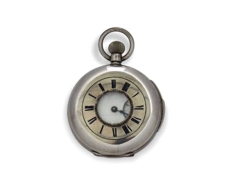 A white metal repeater half Hunter pocket watch, stamped in the case back 0.935 along with the Swiss control mark, the back o