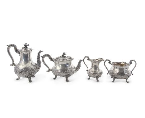 PAUL STORR four piece silver tea and coffee service of circular baluster design with floral and acanthus leaf decoration to b