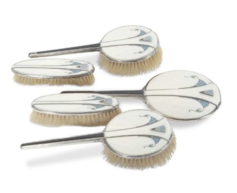 An Art Deco silver and guilloche enamel five piece dressing table set comprising a hand mirror, two hairbrushes and two cloth