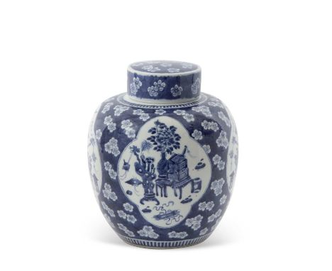 A large Chinese porcelain ginger jar and cover, 19th Century, decorated with prunus and panels of finely painted precious obj