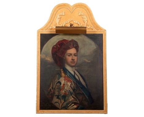 19th century, in an Orientalist manner, a study of a young man wearing a red velvet cap and bird decorated cloak, oil on canv