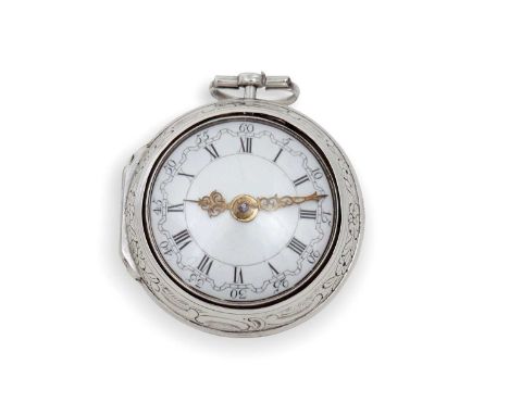 A silver Verge pocket watch with a continental white metal pair case, the pocket watch is hallmarked London 1741, the repouss