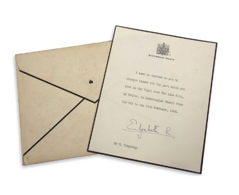 A typed letter to Mr B Humphrey (worker on the Sandringham Estate) on mourning paper, signed Elizabeth R (possibly facsimile)