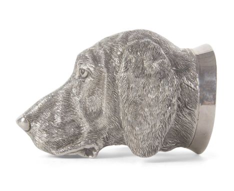 Elizabeth II large cast sterling silver stirrup cup, realistically modelled in the form of a hunting hound with detailed faci