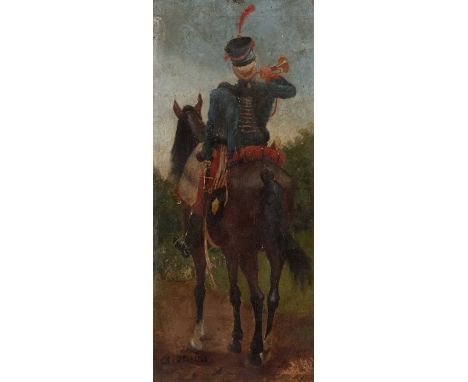 Charles Detaille (French,1852-1894, brother of Edouard Detaille), Bugle boy on horseback, oil on board, 5.5x12ins, signed, fr
