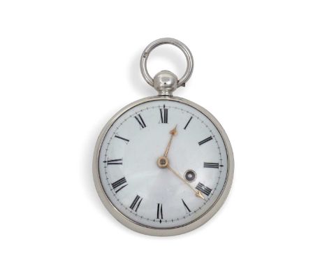 A silver cased Verge pocket watch with a white enamel dial and Roman numeral hour markers, it has a key wound movement, the m