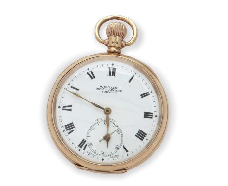 A B Bullen of Norwich 9ct gold open face pocket watch, hallmarked and stamped 375 in the case back, it has a white enamel dia