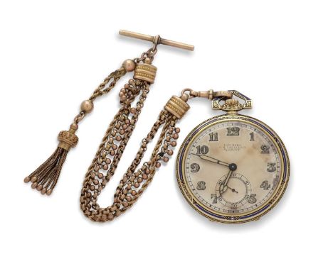 A yellow metal and enamel Longines Grand Prix pocket watch and chain, the case back is stamped .750 and the chain 9c on the c