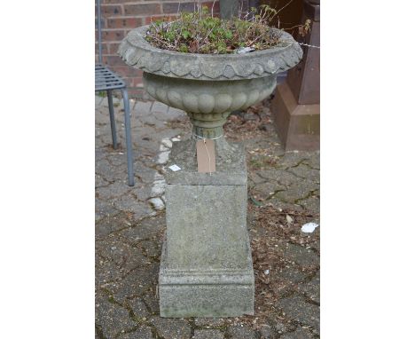 A reconstituted stone pedestal planter on square shaped base.