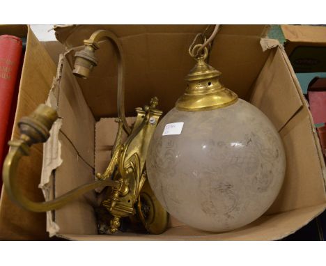 An etched glass globe shaped light fitting and a pair of ormolu wall lights.