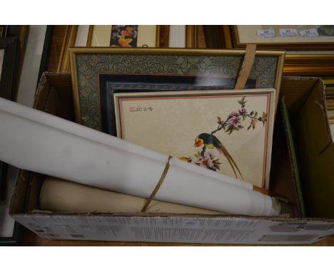 Chinese scroll paintings, a silk embroidery, framed and glazed etc.