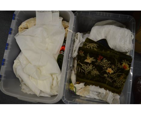 Two boxes of linen, lace and textiles.