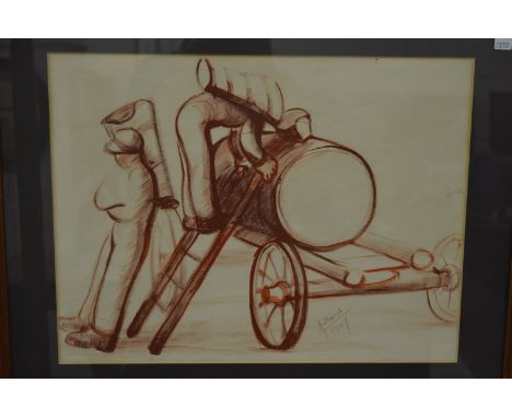 Hilda Jillard, Filling the Barrel, red chalk sketch of two workman and a barrel on a cart, signed and dated 1947 together wit