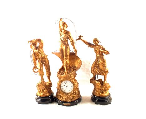 A gilded spelter clock garniture of nautical theme (later movement) titled Cod Fishing, Distress and Rescue