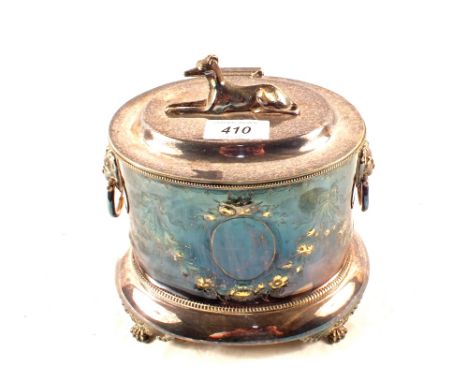 A Victorian Mappin Bros silver plated biscuit jar with lion ring handles and greyhound finial