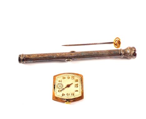 A silver pencil/dip pen, part of a 9ct gold gents wristwatch and a 9ct gold stick pin