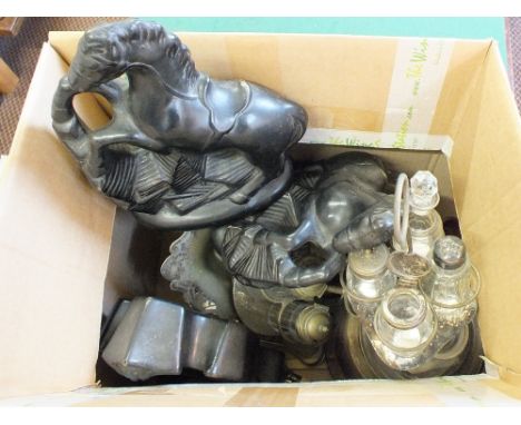 A pottery horse clock garniture, two circular glass inkwells and silver plate