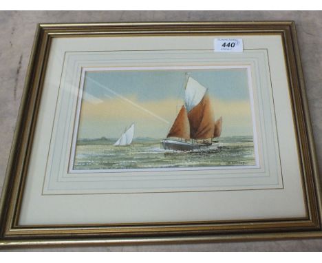 D.Wincup watercolour of a Thames barge, coloured engraving Sheerness in 1850 plus a print of Lowestoft sailing trawlers