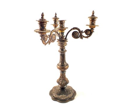 A sliver plated three branch candelabra (as found)