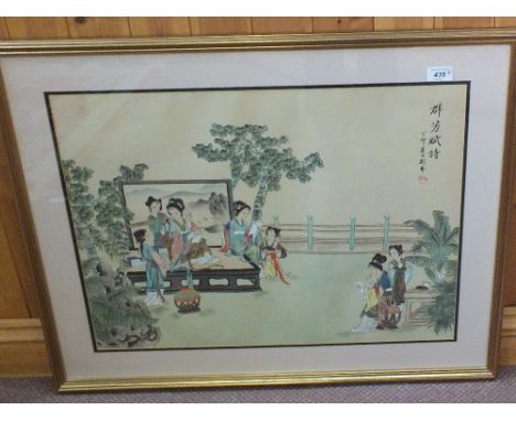 A Japanese print of Geishas and a porcelain bird and landscape panel, After Shen Quan