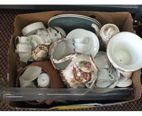 A Victorian lilac and floral toilet set plus two rose decorated comports, a blue decanter and glass set plus other china and 