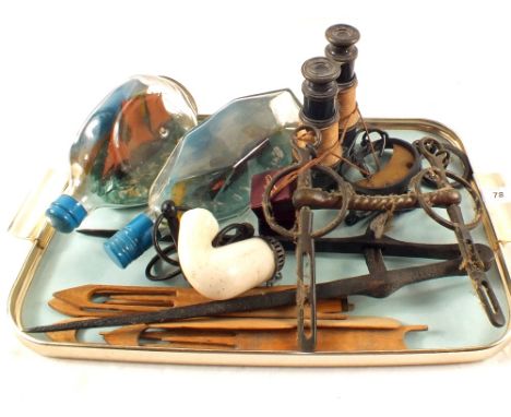 Two ships in bottles, Meerschaum pipe bowl plus other items
