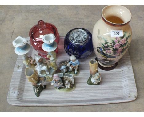 A cranberry Mary Gregory jar, blue overlaid clock plus various figurines