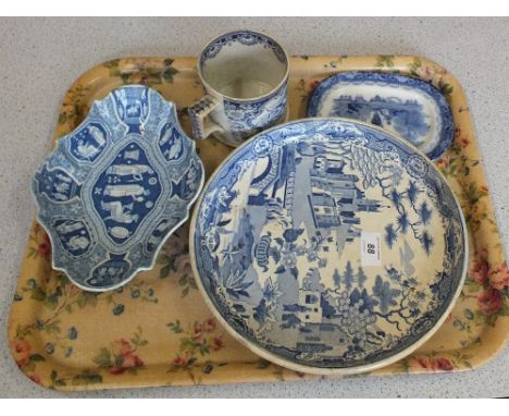 A hunting mug plus three other pieces of English 19th Century blue and white china