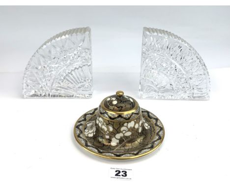 Pair of cut glass shell shaped bookends 5" x 5" and Maling china inkwell 5.5" diameter (inside damaged)