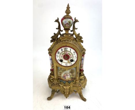 French brass and porcelain 2-hole table clock with pendulum and key, no back plate. Working. 14.5" high