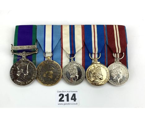 Bar with 5 Queen Elizabeth II medals - Northern Ireland, United Nations, Silver Jubilee, Golden Jubilee &amp; Diamond Jubilee