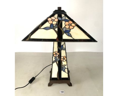 Tiffany style table lamp with matching shade, working. 25" total height