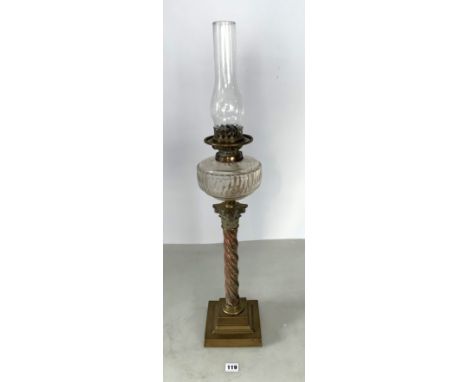 Antique twist brass and glass oil lamp with chimney. No shade. Total height 31.5"