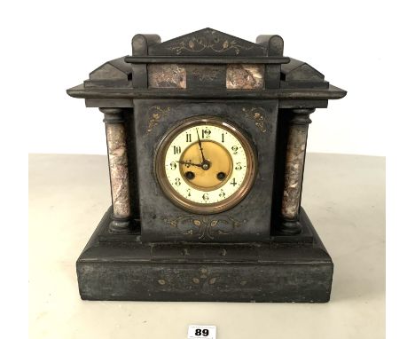 Slate mantle clock, 2-hole with pendulum and key, 12.5"w x 5.5" d x 12.5" high. Working