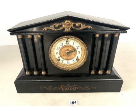 Slate 2-hole mantle clock marked 'Ansonia, New York',with pendulum and key, 16.5" w x 5.5" d x 11.5" h