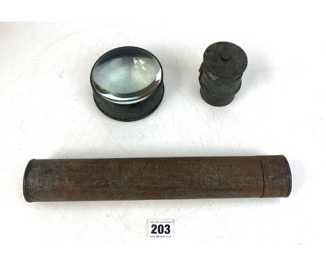 Hydrometer in metal cylinder case by Alfloc &amp; 2 magnifier lenses in metal cases
