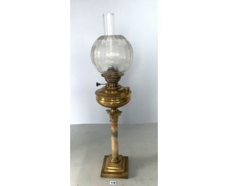 Antique brass and onyx oil lamp with etched clear glass shade and chimney. Total height 33"