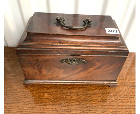 Wooden tea caddy with brass handle, 10"w x 5.5"d x 7"h