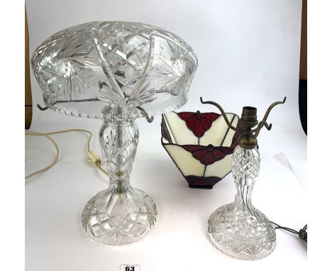 Cut glass mushroom lamp with cut glass shade 16" high, cut glass lamp base with fitting 11" high and red/white Tiffany style 