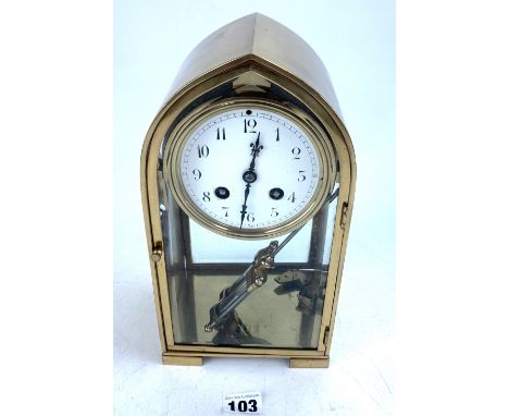 French brass and glass arch shaped table clock with mercury pendulum, marked 'A. D. Mougin', 5.5" w x 4" d x 10.5" high
