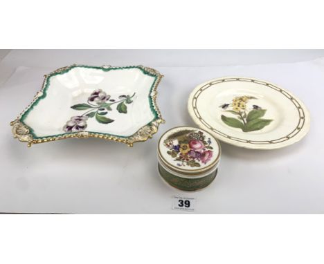 Rockingham Works china plate 8.5" diameter, Rockingham Works china trinket box 3.5" diameter (chipped and cracked) and unmark