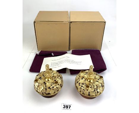 Pair of silver gilt Bowes-Lyon Candle Holders, limited editions no.41/250 &amp; 42/250 by Aurum Designs to commemorate The Qu