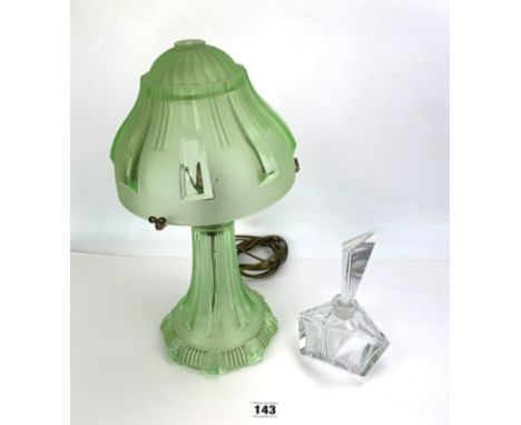 Art Deco green glass mushroom style lamp with matching shade 15" high &amp; clear glass scent bottle 7" high