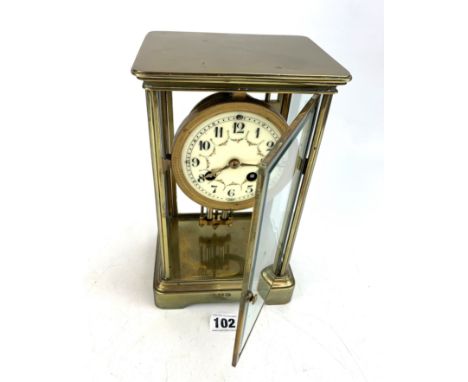 French brass and glass table clock with mercury pendulum and key, 6" w x 5" d x 10" high