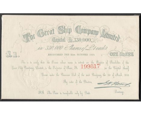 1859 THE GREAT SHIP COMPANY LIMITED ONE POUND SHARE CERTIFICATE