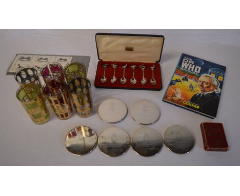 6 glasses, commemorative coasters, Paris Exposition playing cards, Dr Who annual (some pages missing) etc