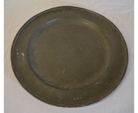 Large pewter charger, London label mark, 'K' 'R' 'I' owners mark, 4 pseudo hall marks, poss circa 1730