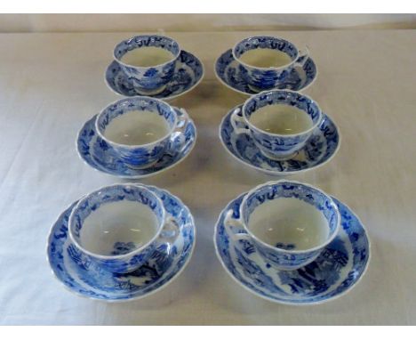 6 porcelain willow patterned cups and saucers, pseudo Chinese seal, possibly Miles Mason 1800-1816