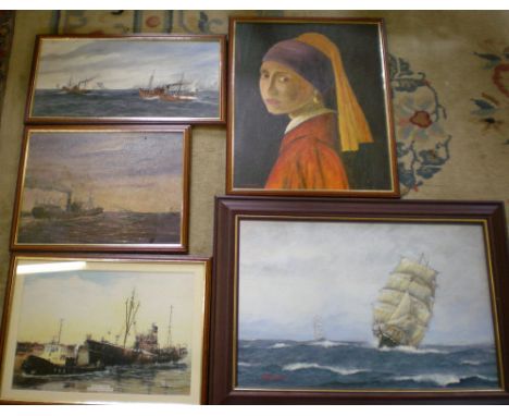 2 oils on board of trawlers, oil on board of a maritime scene by Wozencroft, portrait by the same & a print