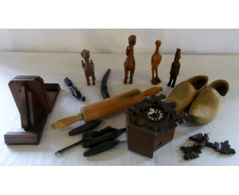 Selection of treen inc cuckoo clock & book ends